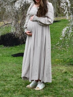 NWT Piper And Scoot Zwirner Maxi Dress in Light Taupe with Ruched Bodice